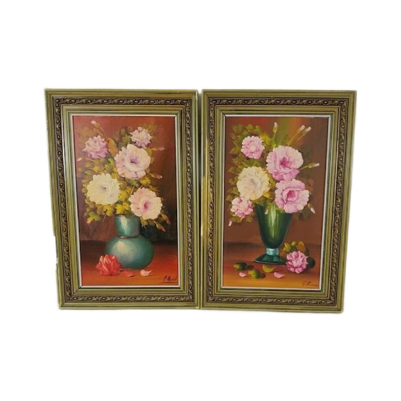 Vintage Floral Still Life Oil Painting Artist Signed by D Ramos, Set of 2, 24 Tall, Free Shipping image 1
