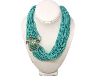 Vintage Multi Strand Turquoise Seed Bead Turtle Necklace