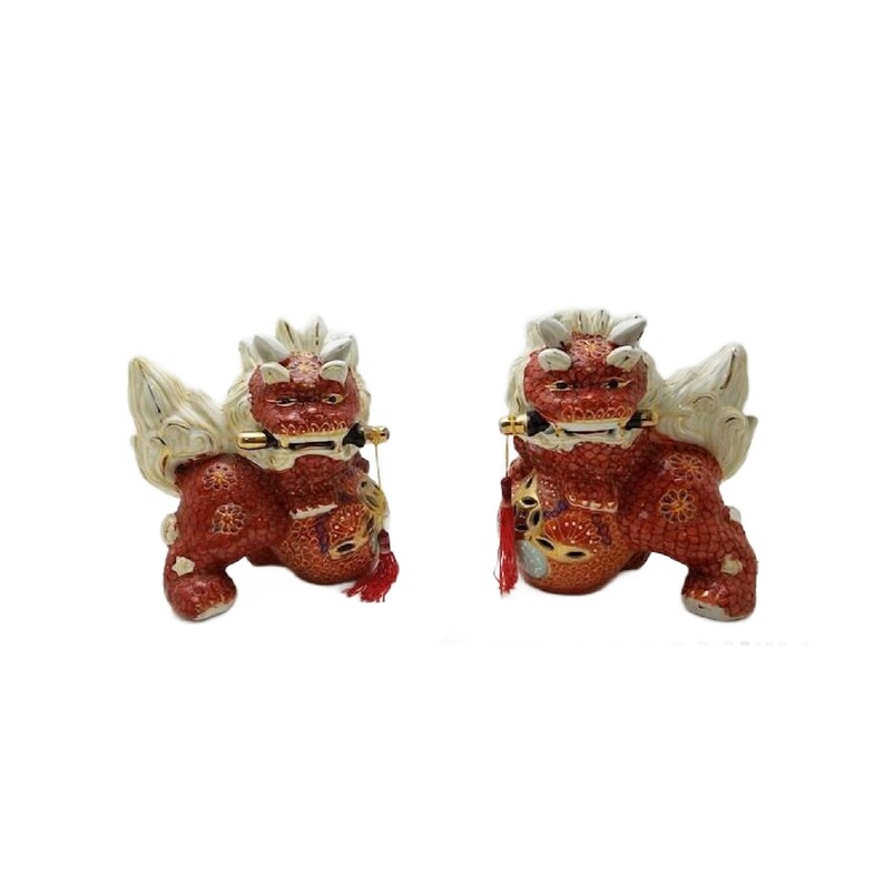 Satsuma Moriage Fu Dog, Komainu Lion, Set of 2, 1920s,7.5 W, Foo Lion, Foo Dog afbeelding 3