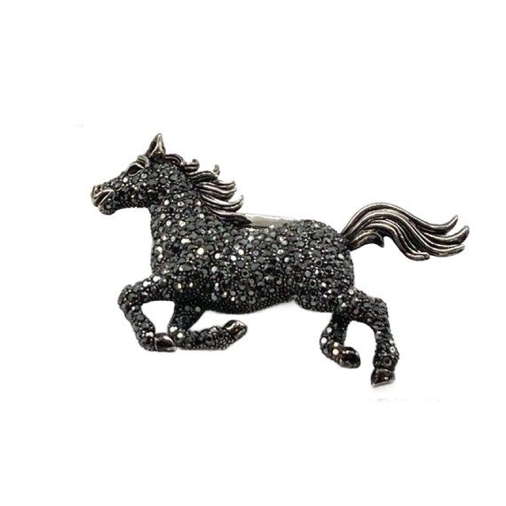 Vintage Black Marcasite Crystal Horse Brooch 1960… - image 4