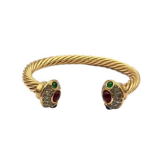Vintage Twisted Cable Cuff Bracelet With Jeweled Cabochon Ends and