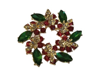 Vintage Crystal Christmas Wreath Brooch, Red and Green, Free Shipping