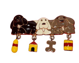 Vintage Puppy Dog Dangle Articulated Enamel Brooch, Free Shipping