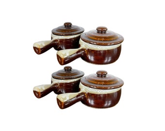 Vintage Brown Drip Glaze French Onion Soup Stoneware Bowl With Lid and Handle, Set of 4, Free Shipping