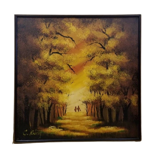 Vintage 1960s Signed C. Roberts Autumn Golden Landscape Forest Sunset Oil Painting, Free Shipping