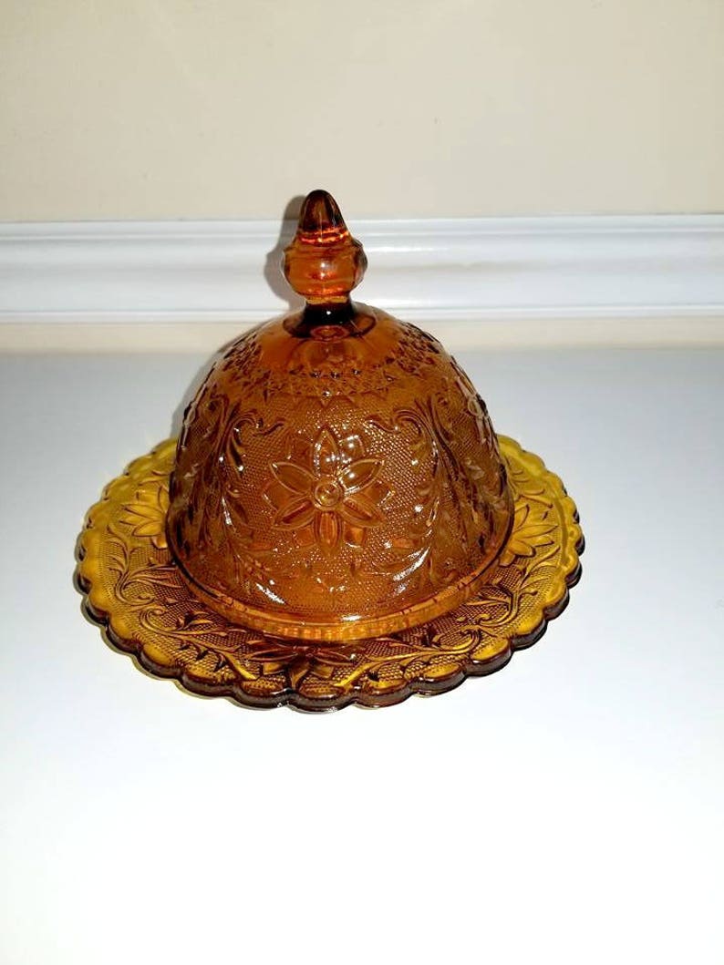 Vintage Domed Amber Glass Butter Dish in Sandwich Pattern Etsy