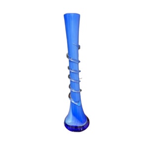 Hand Blown Blue Art Glass Vase Applied Spiral Swirl 12&quot; Tall