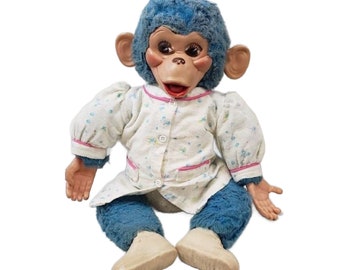 Vintage Blue Rubber Face Monkey Chimpanzee, Tippy Zippy Sister, Girl Chimp, Free Shipping