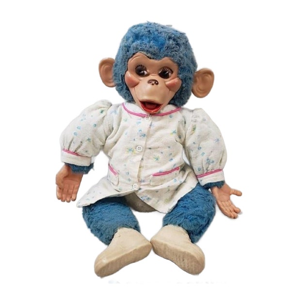 Vintage Blue Rubber Face Monkey Chimpanzee, Tippy Zippy Sister, Girl Chimp, Free Shipping