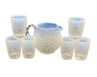 Vintage Fenton French Opalescent Glass Pitcher Set with 6 Tumblers, Moonstone Hobnail, 1940s, Free Shipping