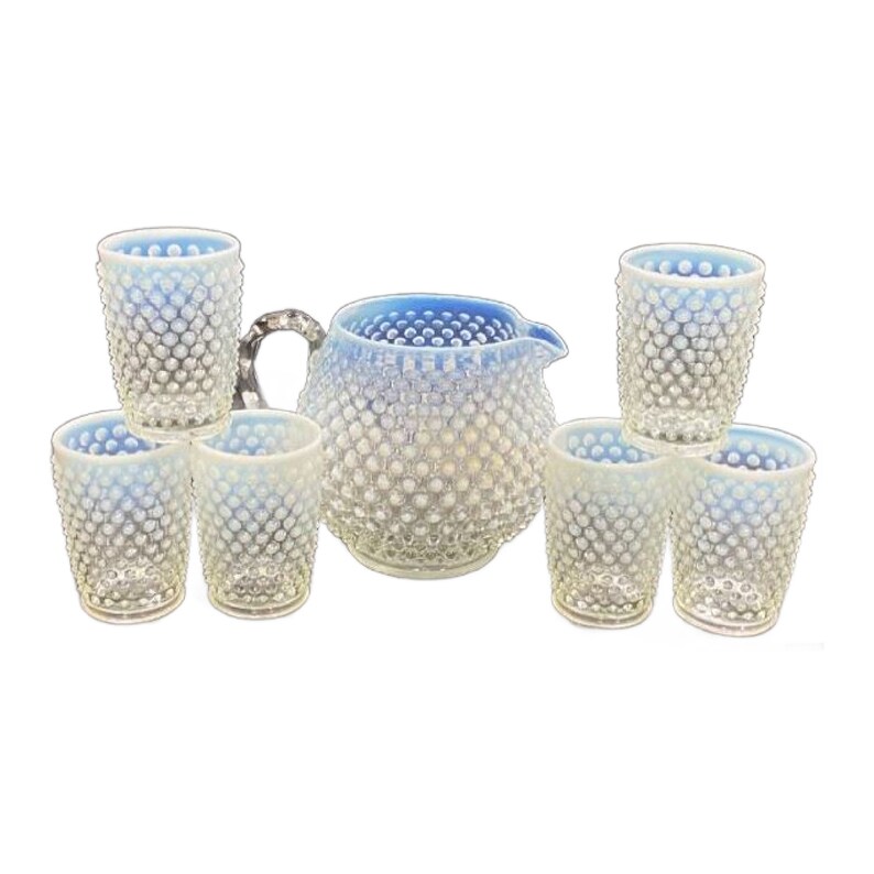 Vintage Fenton French Opalescent Glass Pitcher Set with 6 Tumblers, Moonstone Hobnail, 1940s, Free Shipping image 1