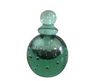 Vintage Aqua Hand Blown Glass Perfume Bottle with Bubbles, MMA, Free Shipping.