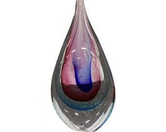 Murano Sommerso Teardrop Hand Blown Art Glass Sculpture Paperweight 10" Tall,  Purple Magenta and Blue, Free Shipping