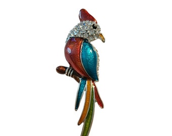Vintage Emaille und Kristall besetzte Papageienbrosche, 3,5" lang, Kakadu-Brosche, kostenloser Versand