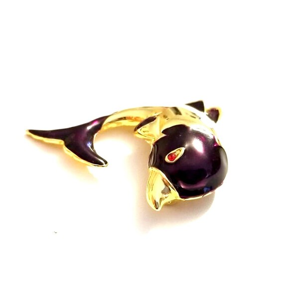 Vintage Purple and Gold Tone Enamel Dolphin Brooc… - image 3