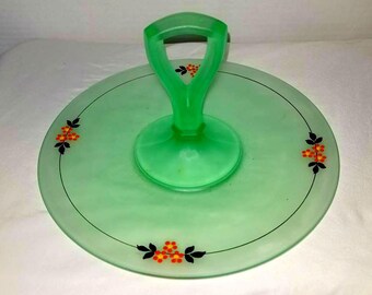 Vintage Center Handle Sandwich Tray,Uranium Glass,Trianglech,Green Center Handle Server,Hand Painted Flowers,CHS Sandwich Tray,1930s