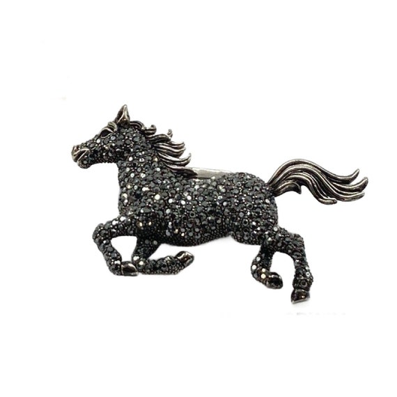 Vintage Black Marcasite Crystal Horse Brooch 1960… - image 1