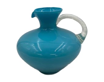 Carlo Moretti Empoli Murano Blue Cased Art Glass Pitcher with Twist Handle, Free Shipping