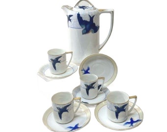 Vintage Blue Bird Chocolate Set, Nippon Gold Gilded Pitcher & 4 Cups and Saucers, Free Shipping