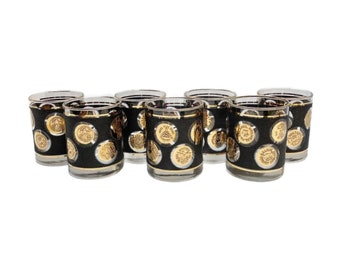 Mid Century 22K Gold and Black Glassware, Libbey Coin Barware, Lowballs, 1960s, Free Shipping