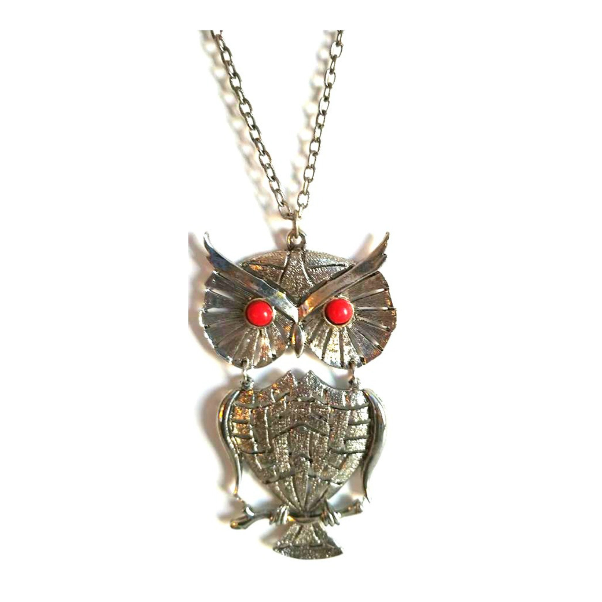 Vintage Silvertone Articulated Owl Pendant Necklace With Red Etsy