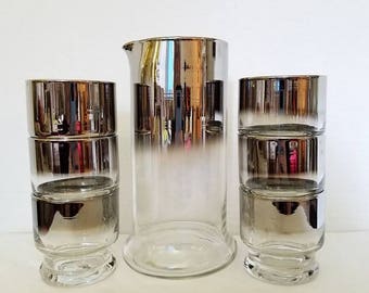 Ombre Platinum Martini Pitcher Set,Set of 7,Dorothy Thorpe,Barware,Mad Men,Silver Barware,Thorpe,Ombre,Platinum,LOWBALL,Stackable,MCM,1960s