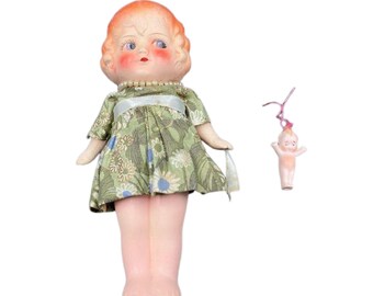 Vintage Bisque Frozen Charlotte Doll with Jointed Arms, Plus Mini Bisque Kewpie Doll, 1930s