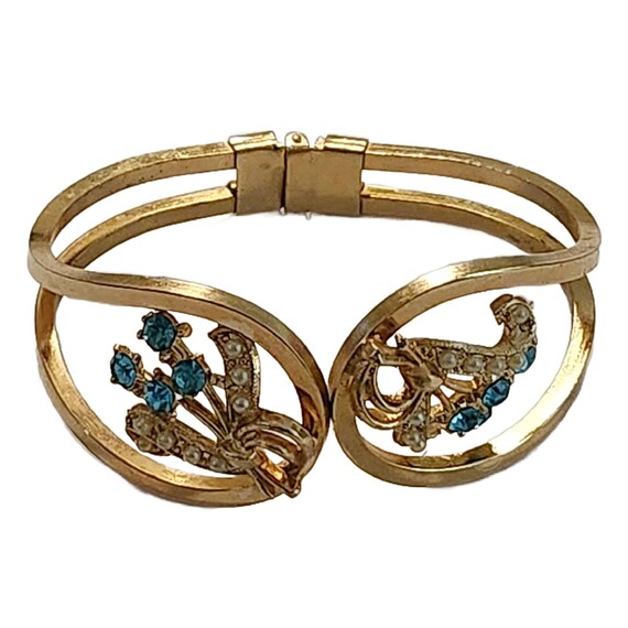 Vintage Oleg Cassini Hinged Bracelet Cuff 24K Gold Plated, Crystals and Faux Pearls