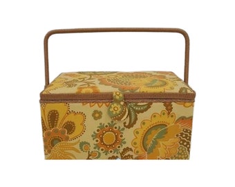 Wicker Yellow Paisley Flower Cloth Covered Sewing Basket 1960s, Free Shipping