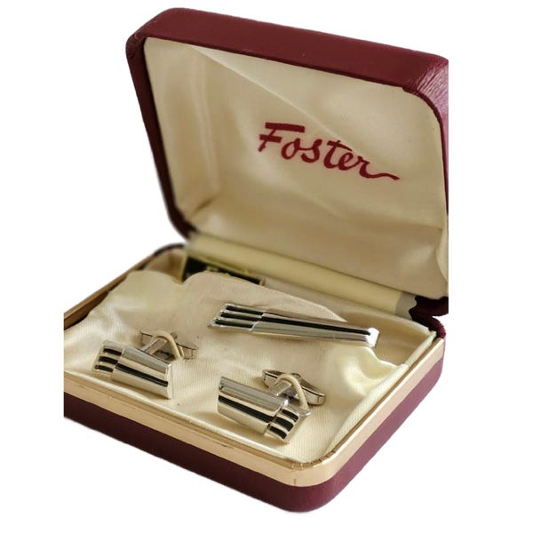 Juego de gemelos y pasador de corbata de plata vintage Foster, NUEVO, STOCK ANTIGUO