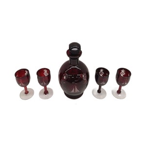 Mid Century Bohemia Cut to Clear Ruby Red Stemmed Cordial & Decanter Set , 5 Pieces. Free Shipping image 6