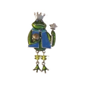 Vintage Enamel Articulated Frog Prince Brooch, Free Shipping