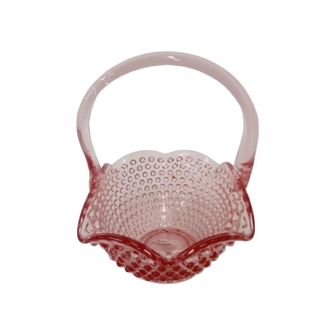 Vintage LE Smith Pink Glass Basket Hobnail Applied Handle 8 1950s, Free