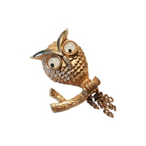 Vintage Gold Tone Googly Eyes Owl Brooch, Avon, 1.75&quot; Tall, 1970s