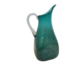 Aqua Stretch Lipped Pitcher with Applied Handle Hand Blown Pitcher