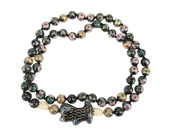 Vintage Hand Knotted Cloisonne Black Floral Beaded Necklace with Dog Pendant, Free Shipping