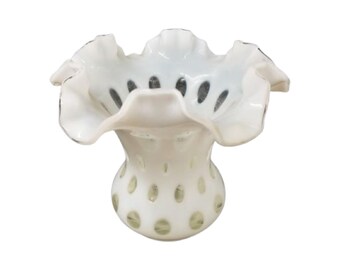 Fenton Hand Blown White Coin Dot Ruffle Opalescent Vase