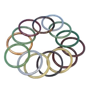 May include: A collection of colorful bangles in various shades, including green, brown, blue, and yellow. The bangles are arranged in a circular pattern, showcasing their diverse colors and textures. These accessories are perfect for adding a pop of color to any outfit.