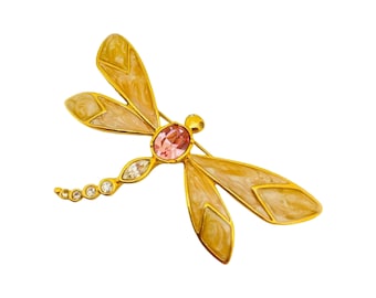 Vintage Kenneth Jay Lane Crystal Dragonfly Brooch, Signed 3" Wide, KJL for Avon Dragonfly, Free Shipping