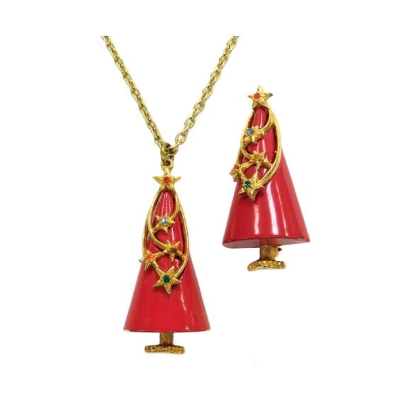 Mid Century Mod Red Enamel Christmas Tree Jewelry… - image 6