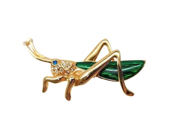 Vintage Carolee Enamel Crystal Grasshopper Brooch, Signed, 2" Long, Free Shipping