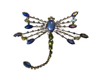 Vintage Blue and Green Crystal Dragonfly Brooch, Aurora Borealis, Xlarge, Avon, Free Shipping