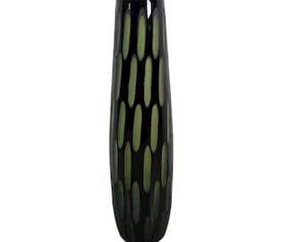 Mid Century Modern Black Cut to Green Hand Blown Cased Glass Vase, 16" Tall, Italian Glass, 1960s, Free Shipping