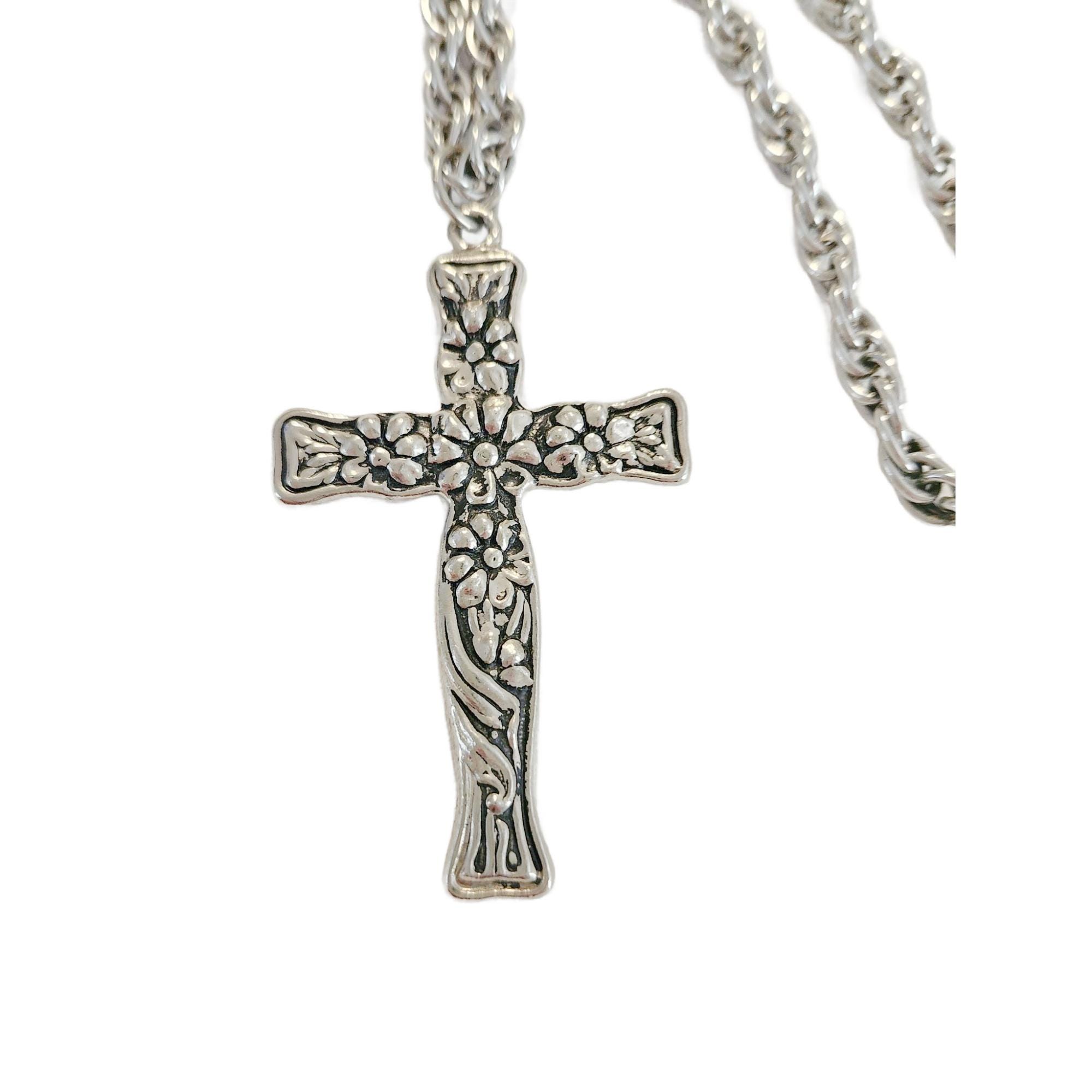 Vintage Silver Tone Floral Cross Pendant Necklace - Etsy