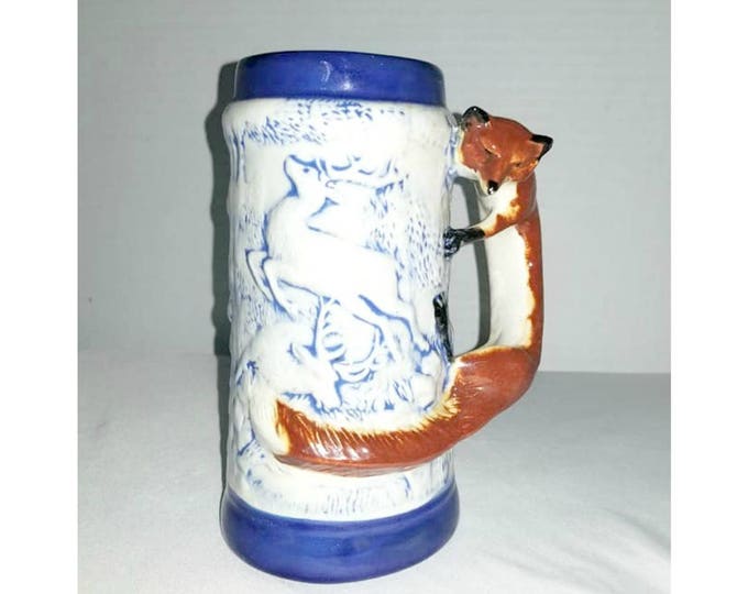 German Style Beer Stein,fox Handle,blue & White Majolica Stein,beer Mug
