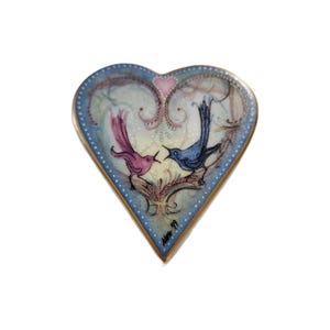 Anna Perenna 1999 Anniversary Song Love Birds Porcelain Heart Brooch Pendant, Signed, P Buckley Moss