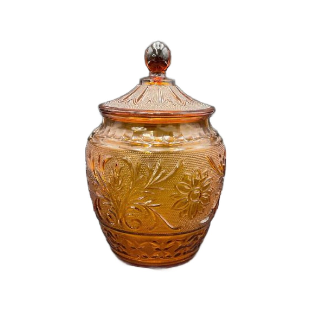 Vintage Amber Sandwich Glass Cookie Jar by Tiara Glass Amber Etsy