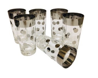 Mid Century Dorothy Thorpe Platinum Rim Polka Dot Highball Glasses, Set of 6, Free Shipping