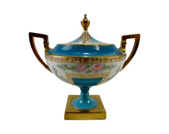 Antique Belleek Enamel Gold Gilt Pedestal Lidded Sugar Bowl 1900s