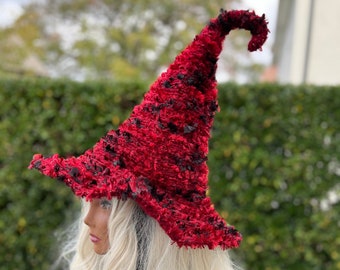 Red Knit Witch Hat: Burgundy Halloween Costume, Cosplay Wizard Hat